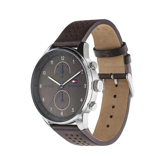 Men's Tommy Hilfiger Grey Chronograph Dial Brown Leather Strap Watch 1791579