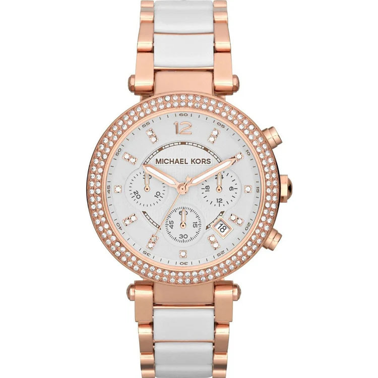 Ladies Michael Kors Parker White Dial Two Tone Chronograph Watch MK5774