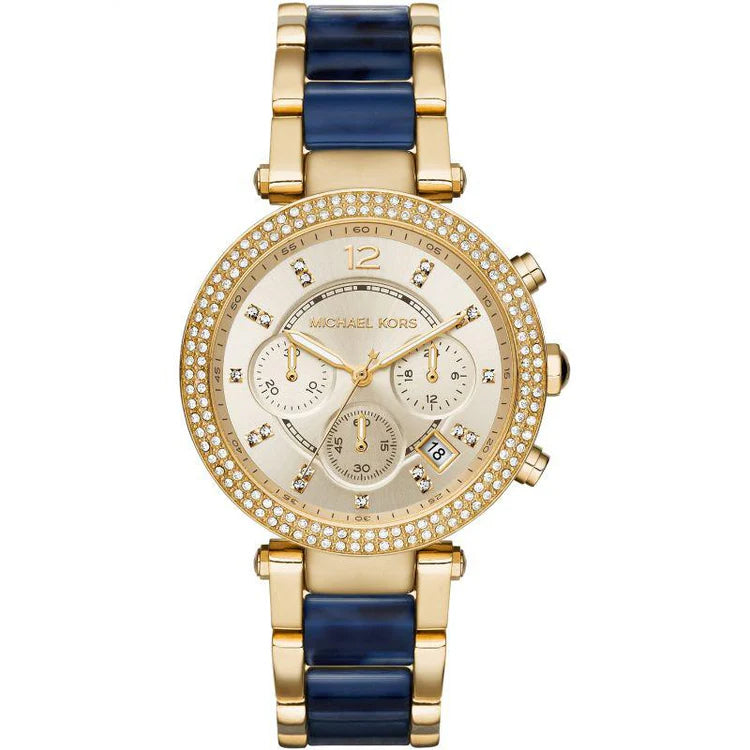 Ladies Michael Kors Parker Gold & Blue Tortoise Stainless Steel Chronograph Watch MK6328
