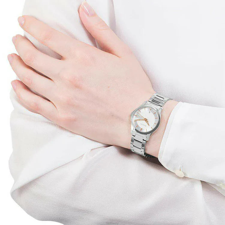 Ladies G-Timeless Gucci Silver & Rose Gold Dial Stainless Steel Silver Strap Watch YA126523