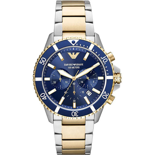 Men's Emporio Armani Blue Dial Two Tone Diver Stainless Steel Chronograph Watch AR11362