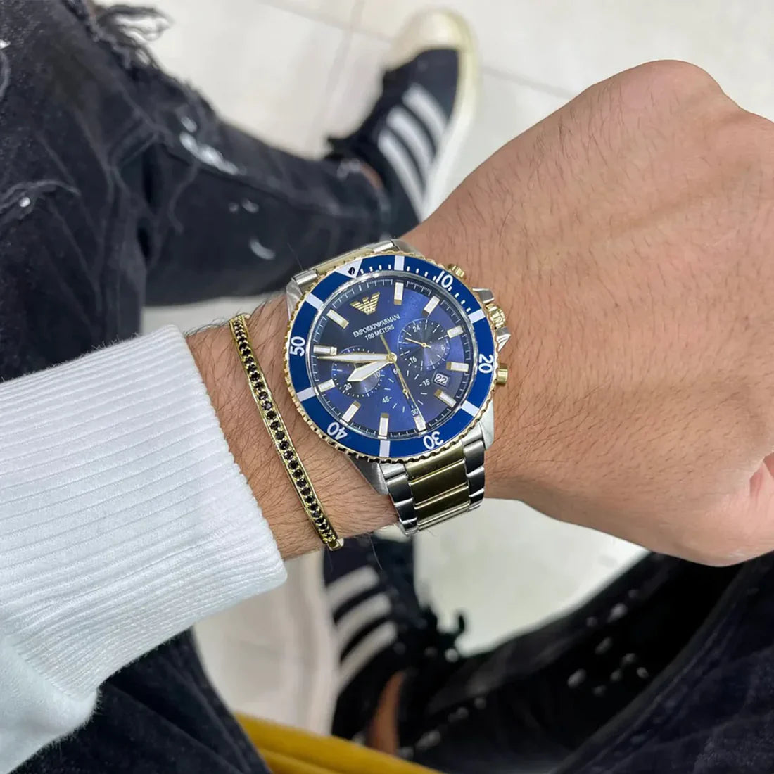 Men's Emporio Armani Blue Dial Two Tone Diver Stainless Steel Chronograph Watch AR11362