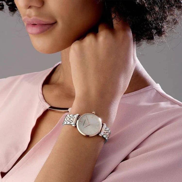 Ladies Emporio Armani Two Tone Silver & Rose Gold Sunray Dial Stainless Steel Watch AR1840