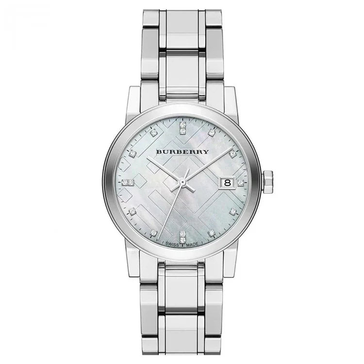 Ladies Burberry Silver Stainless Steel Diamond Mother of Pearl Watch BU9125