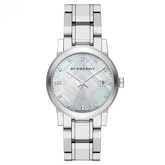 Ladies Burberry Silver Stainless Steel Diamond Mother of Pearl Watch BU9125