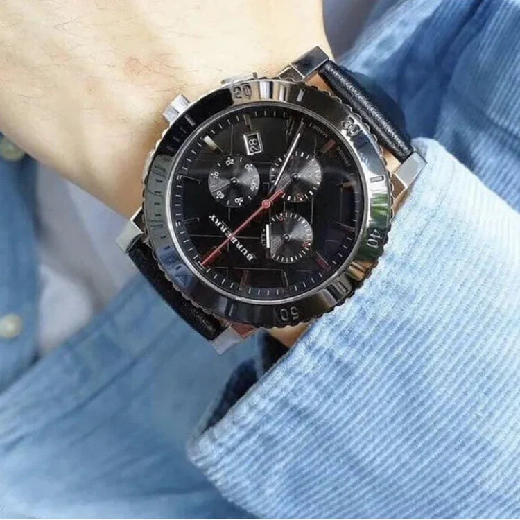 Men's Burberry Chronograph Black Leather Strap Watch BU9382