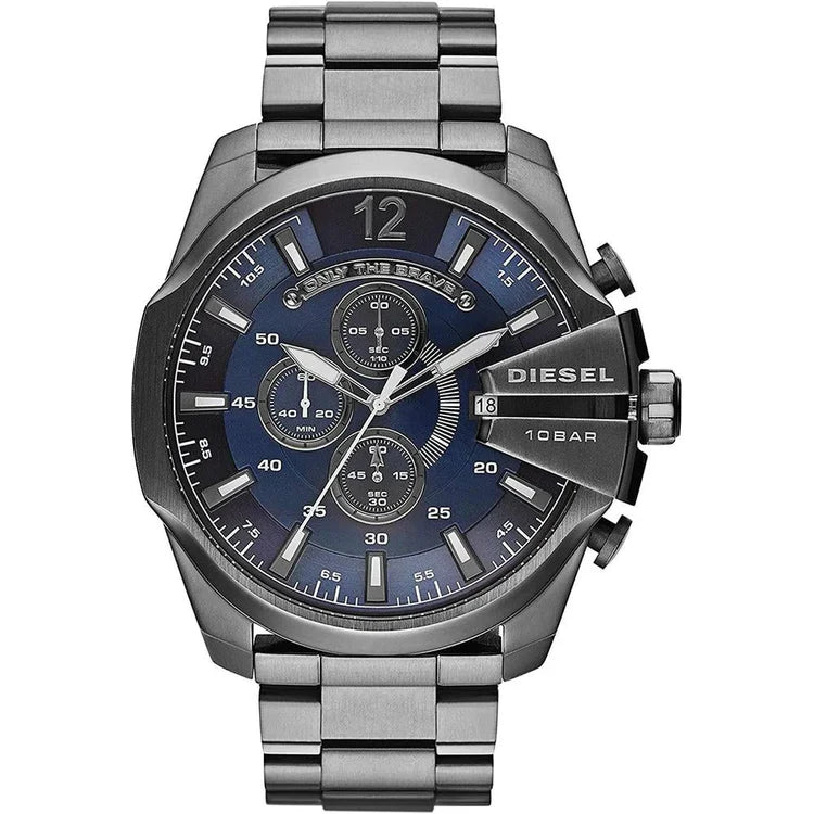 Men's Diesel Mega Chief Gunmetal Grey Chronograph Blue Dial Stainless Steel Watch DZ4329