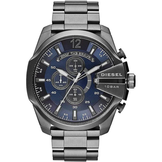 Men's Diesel Mega Chief Gunmetal Grey Chronograph Blue Dial Stainless Steel Watch DZ4329