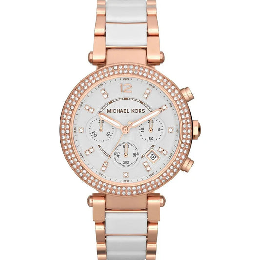 Ladies Michael Kors Parker White Dial Two Tone Chronograph Watch MK5774