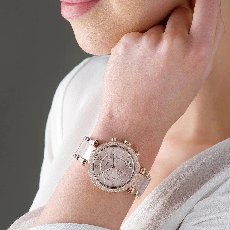 Ladies Michael Kors Parker Rose Gold Stainless Steel Chronograph Watch MK5896