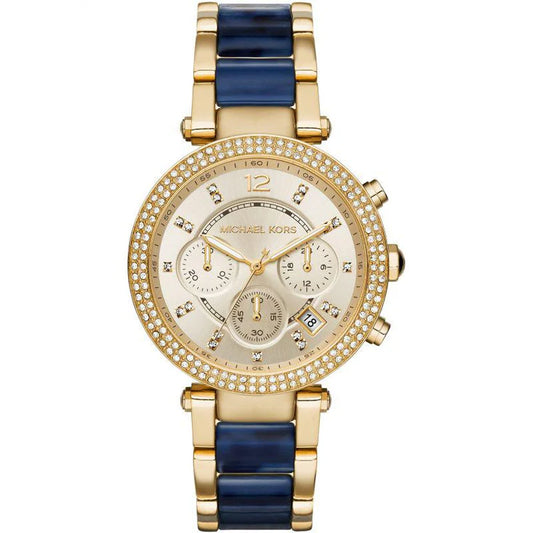 Ladies Michael Kors Parker Gold & Blue Tortoise Stainless Steel Chronograph Watch MK6328
