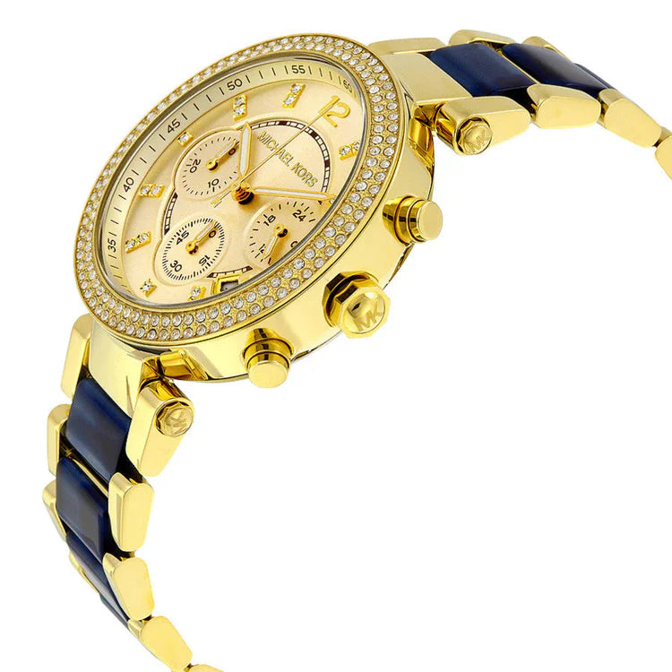 Ladies Michael Kors Parker Gold & Blue Tortoise Stainless Steel Chronograph Watch MK6328