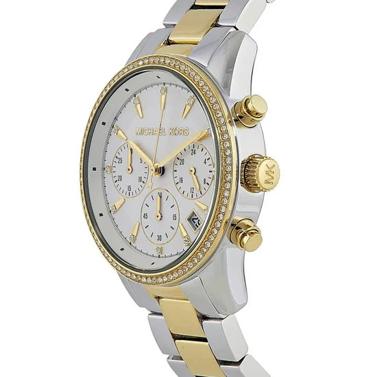Ladies Michael Kors Ritz Silver & Gold Chronograph Stainless Steel Watch MK6474