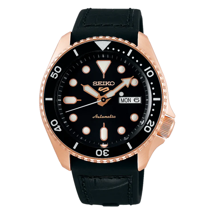 Men's Seiko 5 Sports Black Leather Silicone Hybrid Black Dial Automatic Watch SRPD76K1