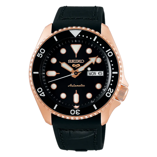 Men's Seiko 5 Sports Black Leather Silicone Hybrid Black Dial Automatic Watch SRPD76K1