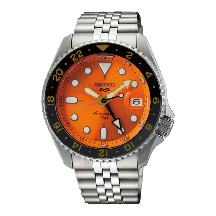Men's Seiko 5 Sport SKX GMT Orange Dial Stainless Steel Automatic Watch SSK05K1