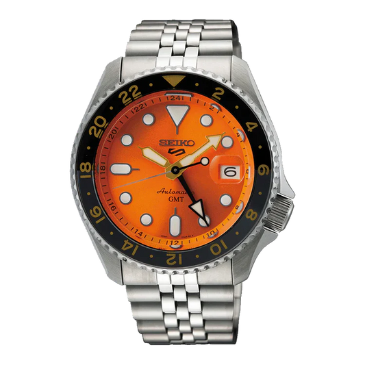 Men's Seiko 5 Sport SKX GMT Orange Dial Stainless Steel Automatic Watch SSK05K1