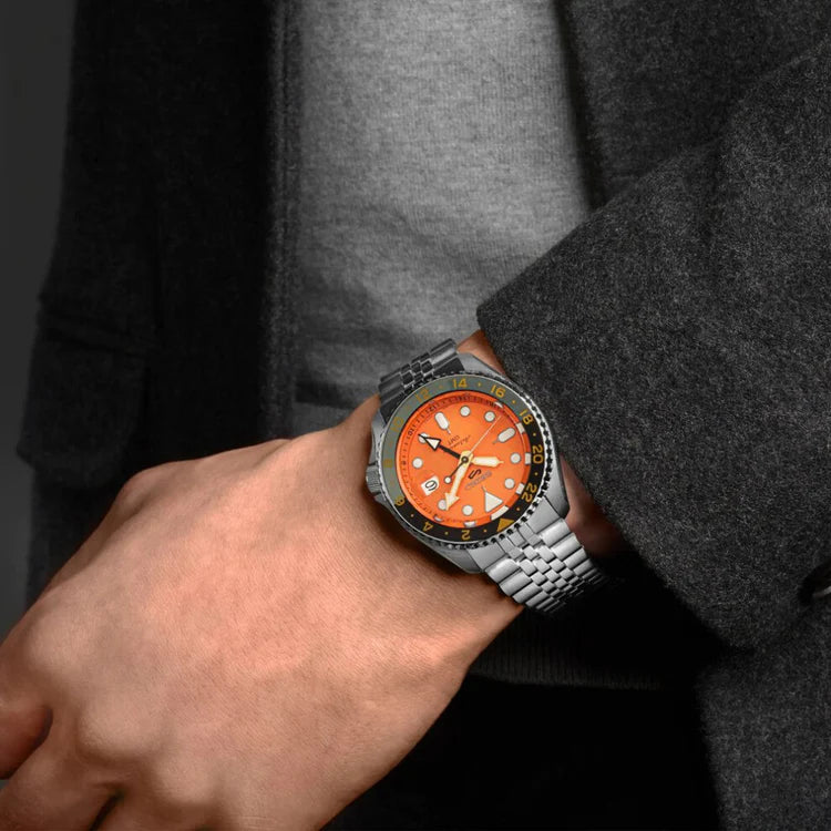 Men's Seiko 5 Sport SKX GMT Orange Dial Stainless Steel Automatic Watch SSK05K1