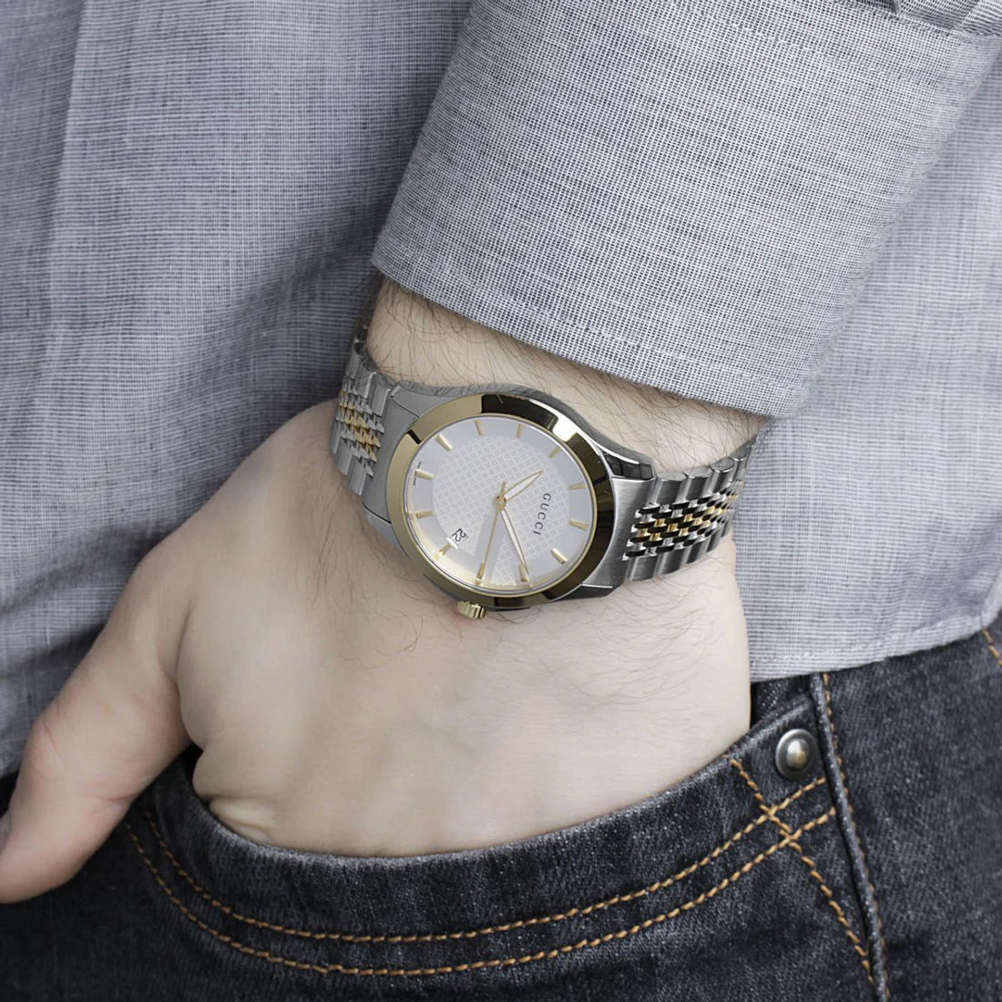 Men's Gucci G-Timeless Two Tone Silver & Gold Strap Watch YA126409