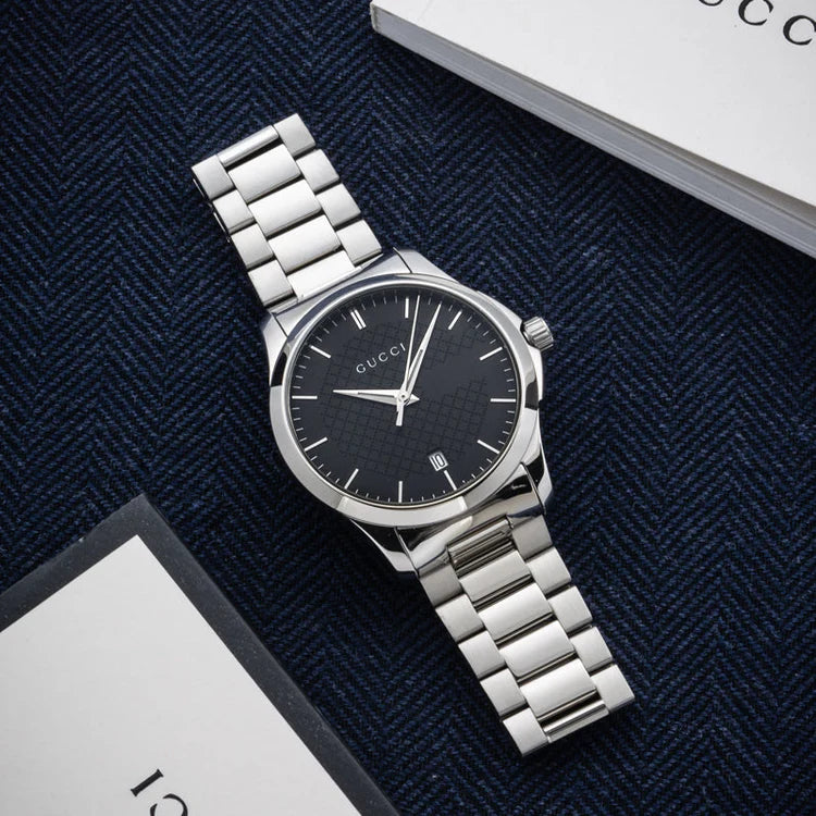 Men's G-Timeless Gucci Black Dial Stainless Steel Silver Strap Watch YA126457