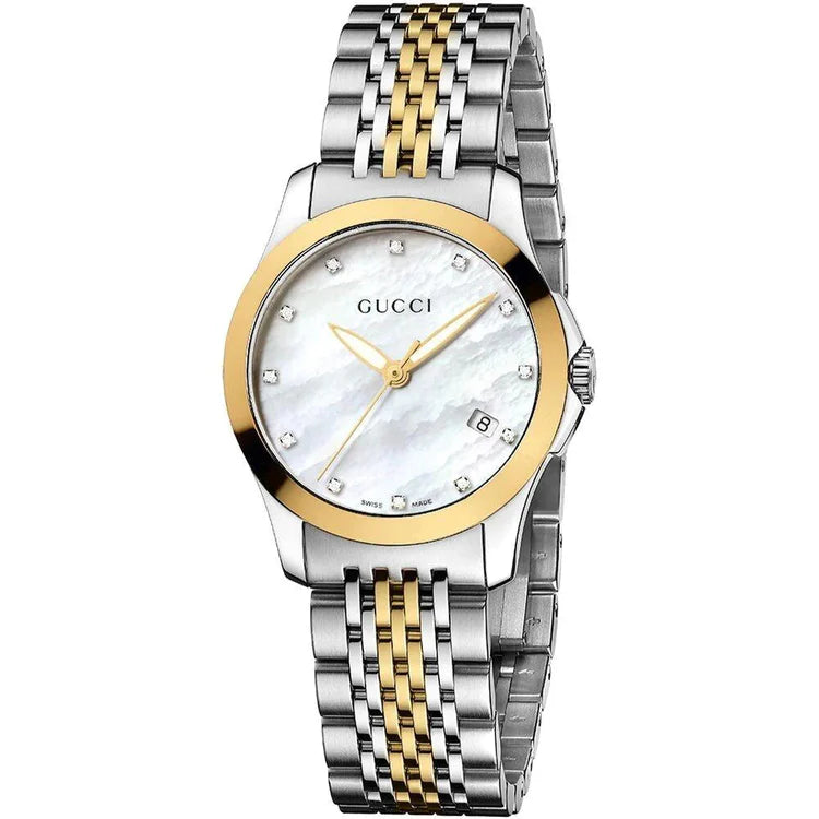 Ladies G-Timeless Gucci Two Tone Gold Plated & Silver Mother of Pearl Diamond Dial Watch YA126513