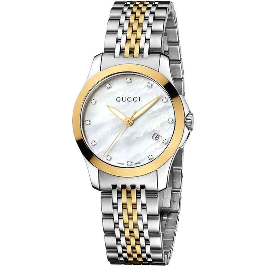 Ladies G-Timeless Gucci Two Tone Gold Plated & Silver Mother of Pearl Diamond Dial Watch YA126513