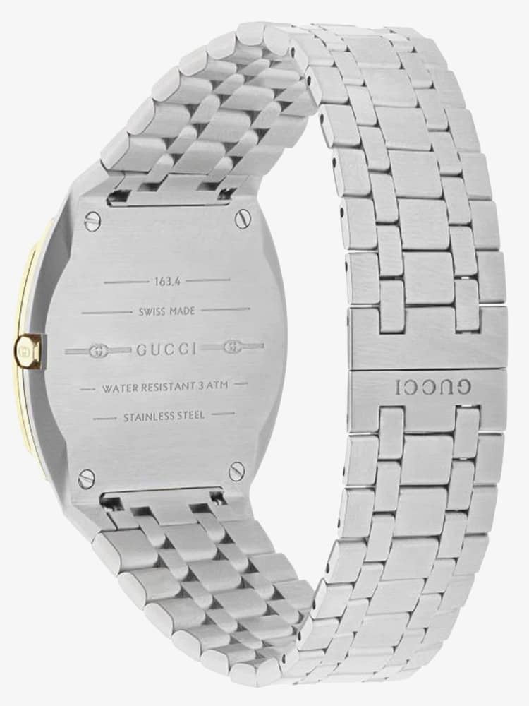 Men's 25H Gucci Gold Dial Stainless Steel Silver Strap Watch YA163405